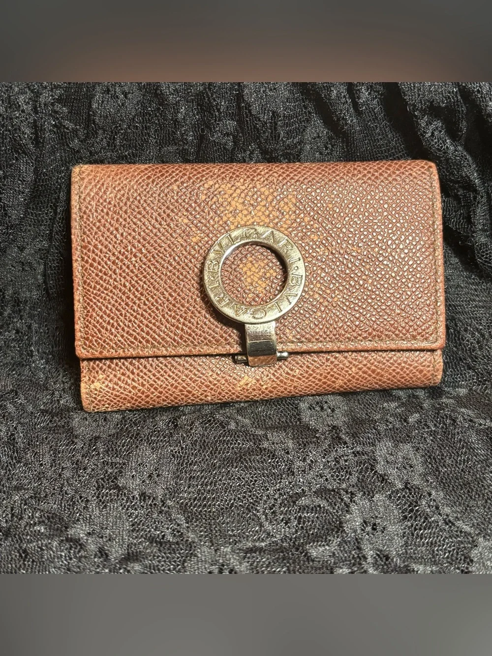 BVLGARI Logo Clip 6 Ring Key Case Brown Leather Trifold Made in Italy